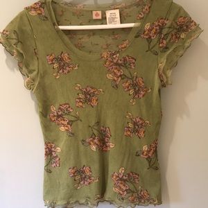 Anthropologie green floral lined top w/ ruffles